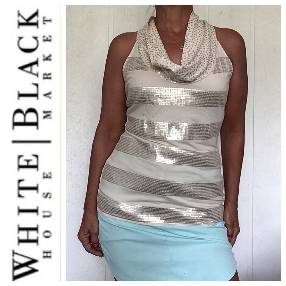 WHITE HOUSE BLACK MARKET GOLD SEQUIN COWL NECK SLEEVELESS TOP SMALL